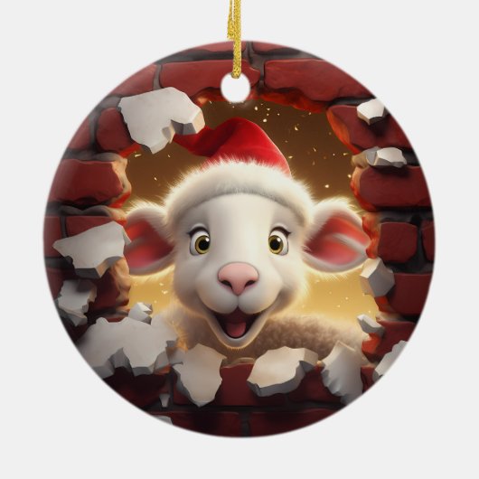 Feierliches Lamm in Weihnachtsmannmütze - 3D Keramik Ornament (Hinten)