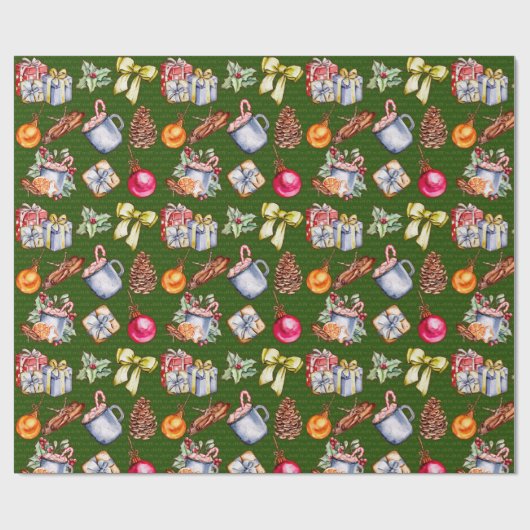 Feierliches Retro-Grün Weihnachtsmuster Geschenkpapier (Flach)