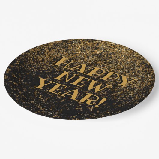 Feierliches Schwarz-Gold-Glitzer-Fest für Neues Ja Pappteller (Schrägansicht)
