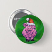 Feierliches Schwein in Weihnachtsmannmütze auf Grü Button (Vorne & Hinten)