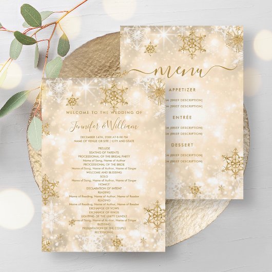 Feierliches Sparkle Gold Winter Wedding Menü Progr Einladung