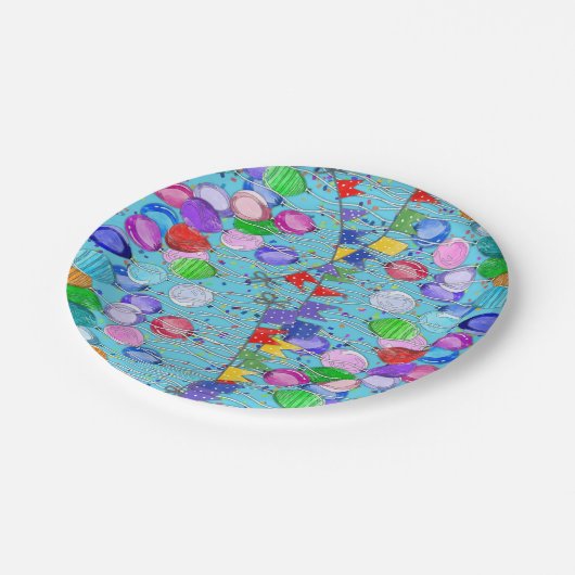 Feierlichkeiten Ballons und Banner Pappteller (Schrägansicht)