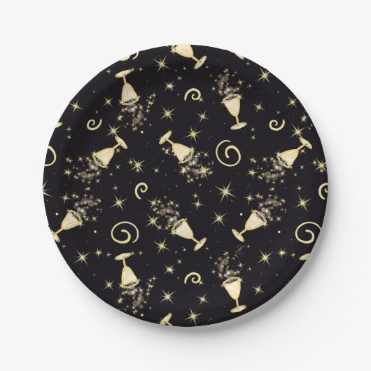 Feierlichkeiten Gold & Black Cocktails & Stars Pappteller (Vorderseite)