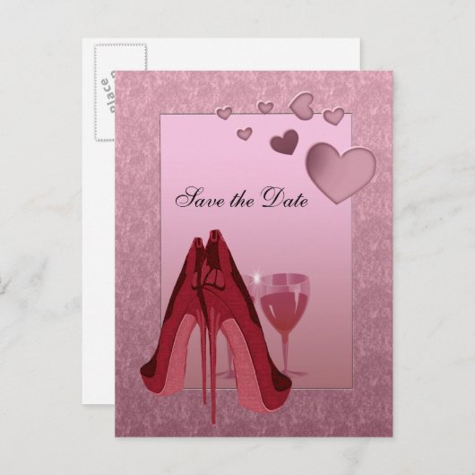 Feierlichkeiten Rot Stiletto und Rosa Herzen Ankündigungspostkarte (Vorne/Hinten)