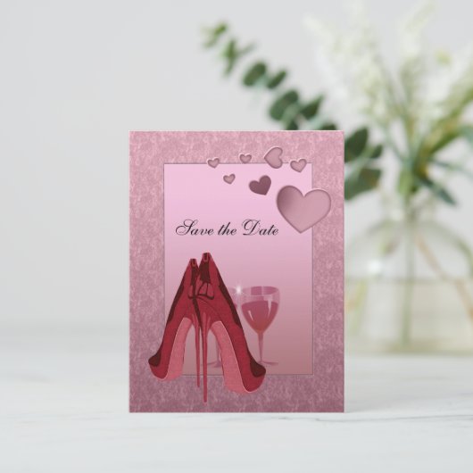 Feierlichkeiten Rot Stiletto und Rosa Herzen Ankündigungspostkarte (Stehend Vorderseite)