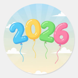 Feiern 2026 mit bunten, schwimmenden Ballons Runder Aufkleber