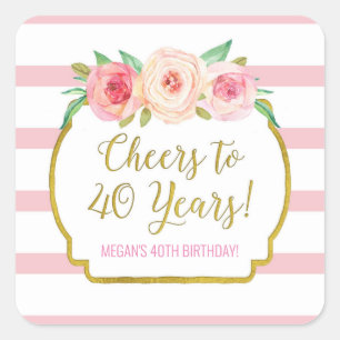 Feiern bis 40 Jahre Geburtstag Pink Stripes Blume Quadratischer Aufkleber