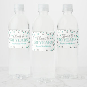 Feiern bis 50 Jahre Aqua Silver Confetti Geburtsta Wasserflaschenetikett