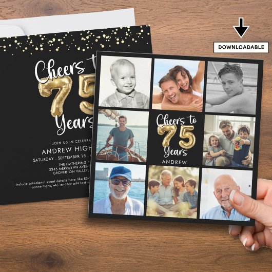Feiern bis 75 Jahre Foto Collage Balloons Geburtst Einladung