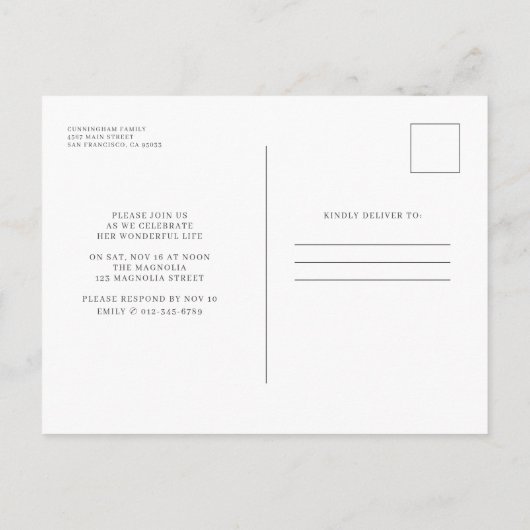 Feiern des Lebens Einfaches Chic Elegantes Foto Einladungspostkarte (Rückseite)