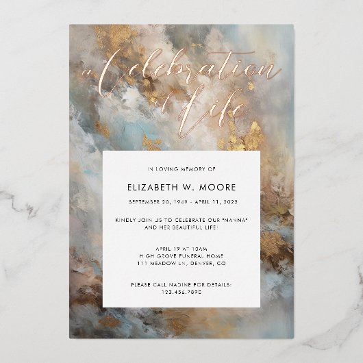 Feiern des Lebens Moderne Abstrakte Beerdigung Gol Folieneinladung (Vorderseite)