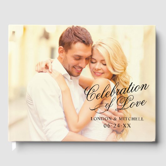 Feiern des Liebe Black Script Hochzeitsfest Foto Gästebuch (Vorderseite)