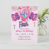 Feiern in Pink: Confetti Ballon 4. Geburtstag Einladung (Stehend Vorderseite)