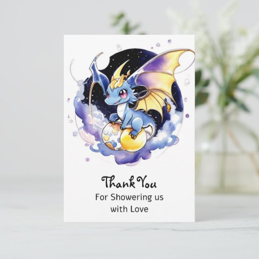 Feiern mit Drachen: Kinderdusche Dankeskarte (Stehend Vorderseite)