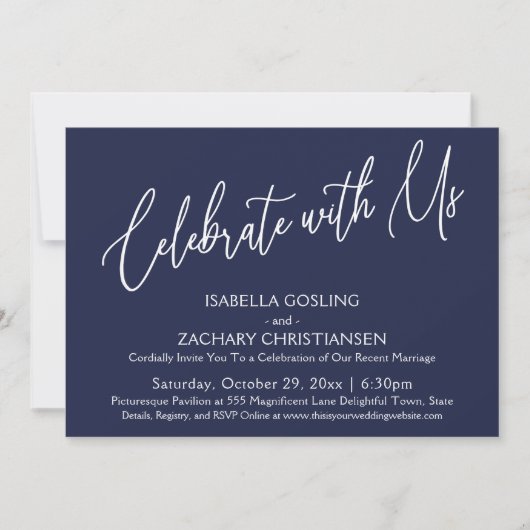 Feiern mit uns Elegant Handwriting Navy Blue Einladung (Vorderseite)