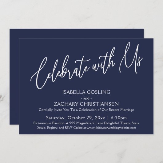 Feiern mit uns Elegant Handwriting Navy Blue Einladung (Vorne/Hinten)