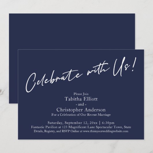 Feiern mit US Handwriting Simple Navy Blue Einladung (Vorne/Hinten)