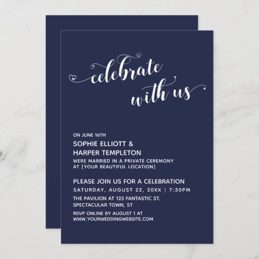 Feiern mit US Hearts Script Navy Empfang Einladung (Vorne/Hinten)