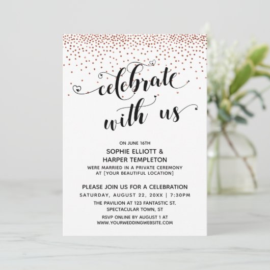 Feiern mit US Herz-Script-Kupfer Confetti Einladung (Stehend Vorderseite)