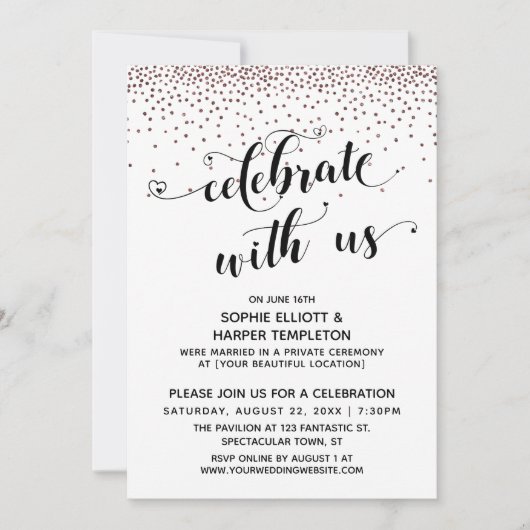 Feiern mit US Script Rose Gold Confetti Einladung (Vorderseite)