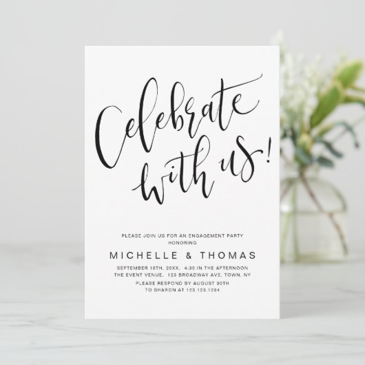 Feiern mit US Script Schwarz-weiß Modern Simple Einladung (Stehend Vorderseite)