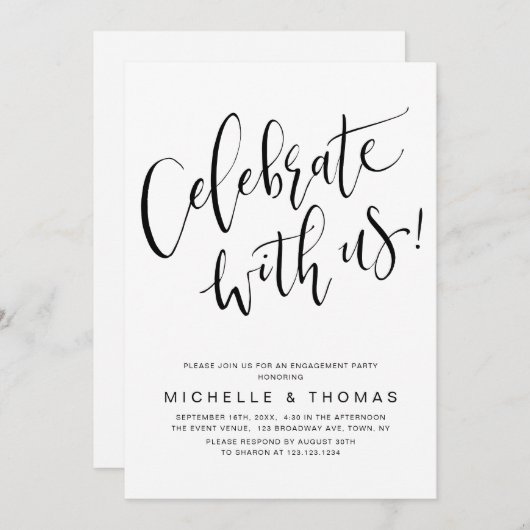 Feiern mit US Script Schwarz-weiß Modern Simple Einladung (Vorne/Hinten)