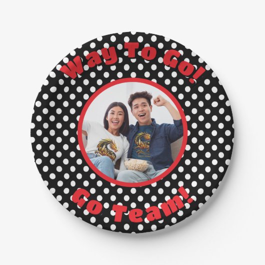 Feiern Schwarz/Weiß Polka Dots Red Trim Pappteller (Vorderseite)