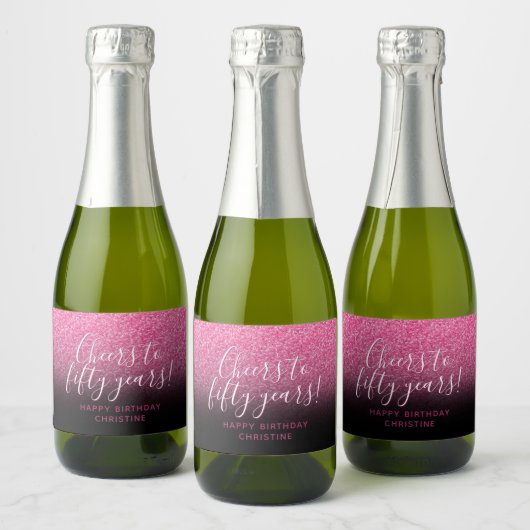 Feiern Sie 50 Jahre Hot Pink & Black Sparkle Schaumweinetikett (Flaschen)