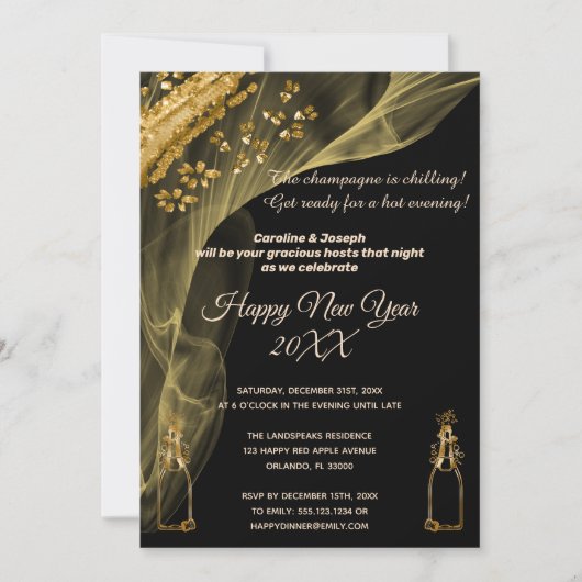 Feiern Sie das neue Jahr Black & Gold Bubbly Champ Einladung (Vorderseite)