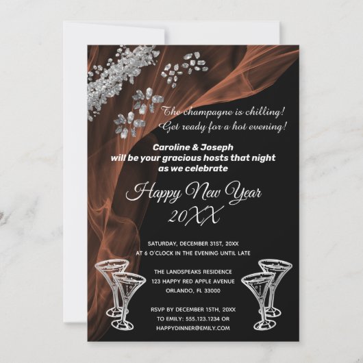 Feiern Sie das neue Jahr Schwarz & Silber-Champagn Einladung (Vorderseite)