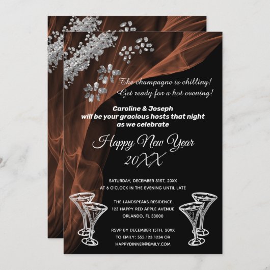 Feiern Sie das neue Jahr Schwarz & Silber-Champagn Einladung (Vorne/Hinten)