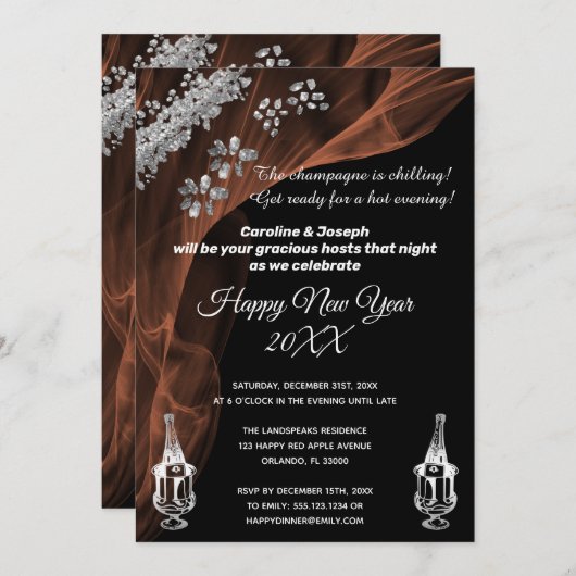 Feiern Sie das neue Jahr Schwarz & Silberer Champa Einladung (Vorne/Hinten)