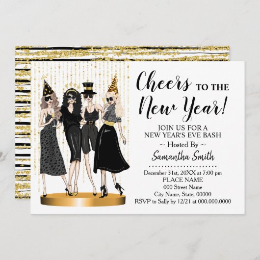 Feiern Sie das New Year Glitzer Girls Night Out Einladung (Vorne/Hinten)
