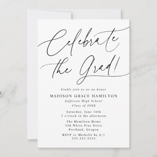 Feiern Sie den Abschluss zum Grad-Black-Script-Fot Einladung (Vorderseite)