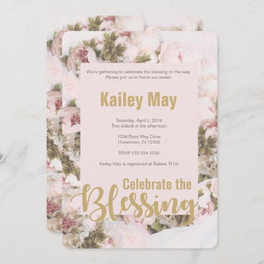 Feiern Sie die Segnungen - Rose Babyduschkarte Einladung (Vorne/Hinten)