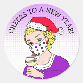 Feiern Sie ein neues Jahr, Retro Lady in Facemask Runder Aufkleber