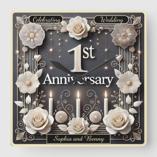 Feiern Sie einen schönen Moment zum ersten Jahrest Quadratische Wanduhr (Vorderseite)