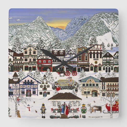 Feiern Sie Ihren Urlaub in Leavenworth Quadratische Wanduhr (Vorderseite)