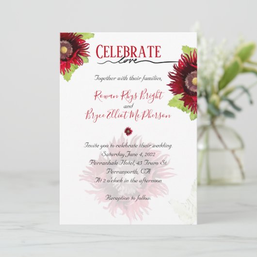 Feiern Sie Liebe roter Mohn mit Blätter Blumenbeet Einladung (Stehend Vorderseite)