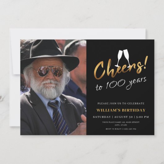 Feiern Sie mit 100 Jahren Gold Black Birthday Foto Einladung (Vorderseite)