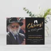 Feiern Sie mit 100 Jahren Gold Black Birthday Foto Einladung (Stehend Vorderseite)