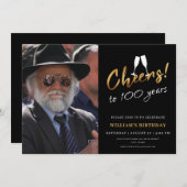 Feiern Sie mit 100 Jahren Gold Black Birthday Foto Einladung (Vorne/Hinten)