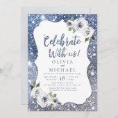 Feiern Sie mit uns! Blauer Glitzer und Blumen Einladung (Vorne/Hinten)