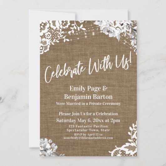 Feiern Sie mit uns! Burlap Lace Floral Lights Part Einladung (Vorderseite)