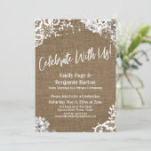 Feiern Sie mit uns! Burlap Lace Floral Lights Part Einladung (Stehend Vorderseite)