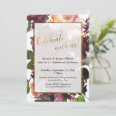 Feiern Sie mit uns! Dark Red Burgundy Floral & Gol Einladung (Stehend Vorderseite)
