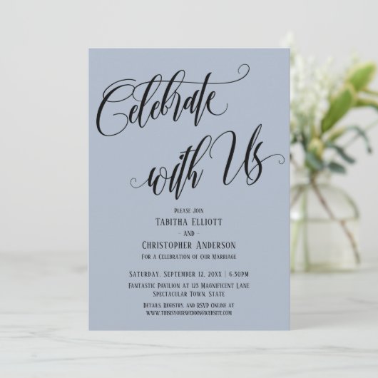 Feiern Sie mit uns entfertigen Skript Dusty Blue Einladung (Stehend Vorderseite)