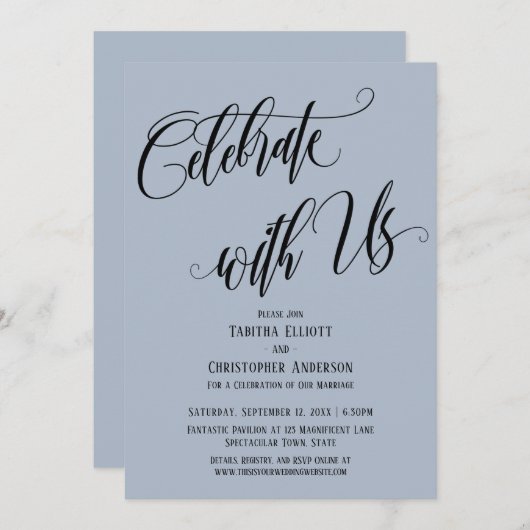 Feiern Sie mit uns entfertigen Skript Dusty Blue Einladung (Vorne/Hinten)