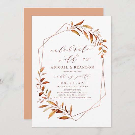 Feiern Sie mit uns! Fall Greenery Geometric Weddin Einladung (Vorne/Hinten)