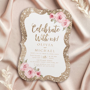 Feiern Sie mit uns! Funkeln Glitter und rosa Blume Einladung